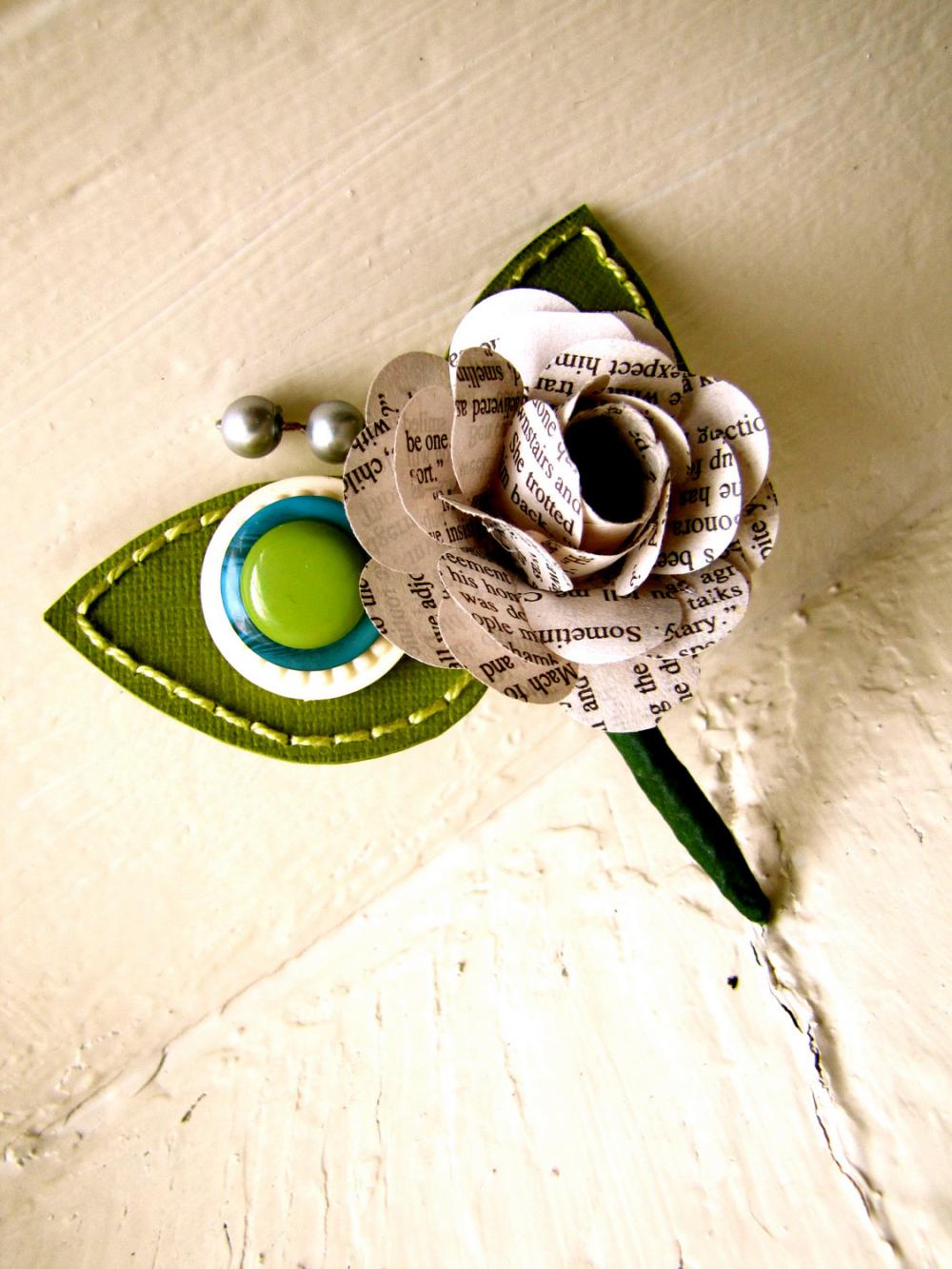 Green Rose Paper Flower and Button Boutonniere for Wedding or Event by The Little Red Button