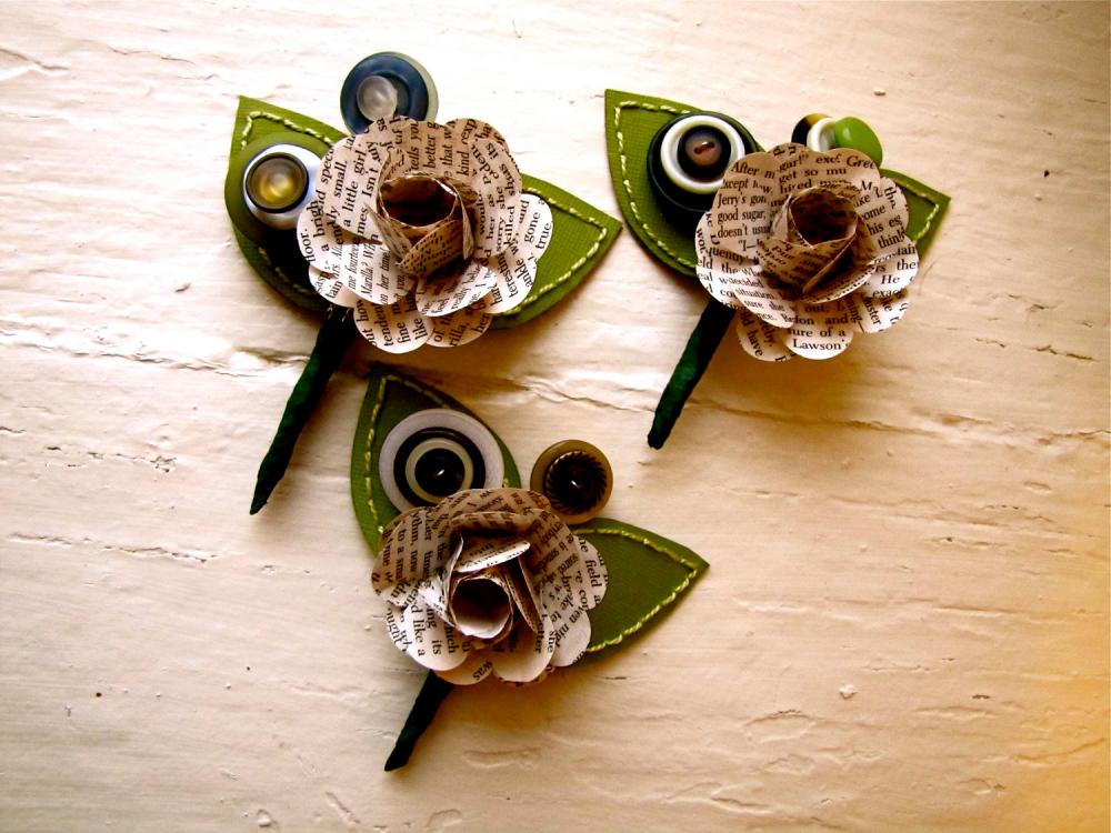 Three Green and Book Page Rose Paper Flower and Button Boutonniere for Wedding or Event by The Little Red Button