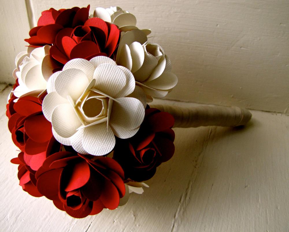 Red and White Paper Rose Flower Wedding Bouquet