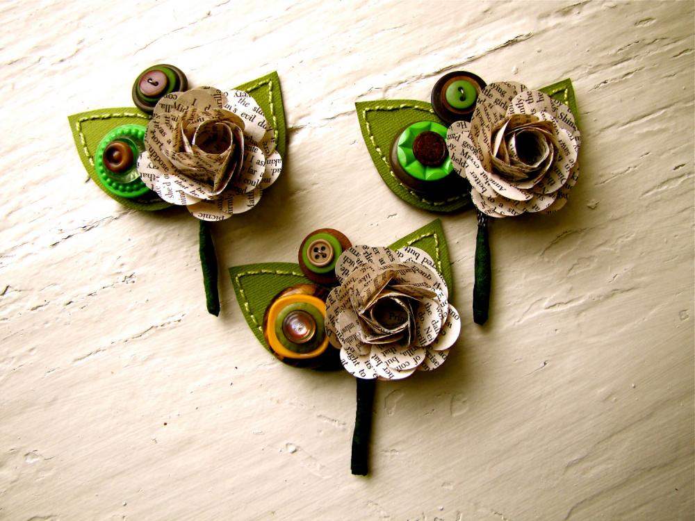 Three Boutonnieres Book Page Rose Paper Flower and Button Boutonniere for Wedding or Event