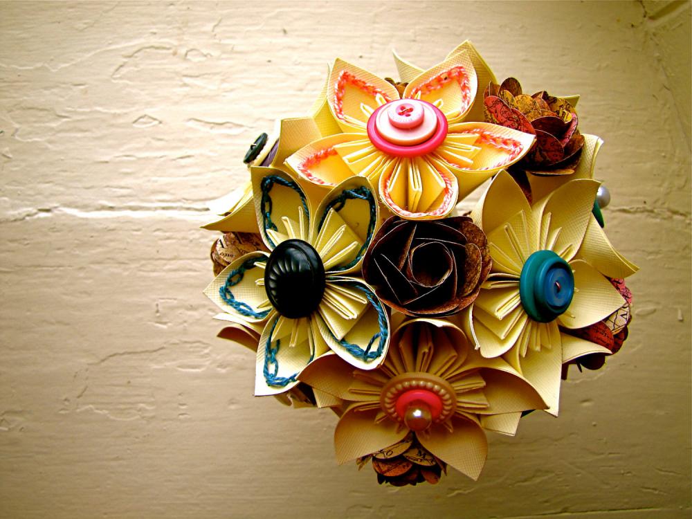 Paper Flower Wedding Bouquet, White, Blue, Pink, Atlas Paper, Kusudama, Rose