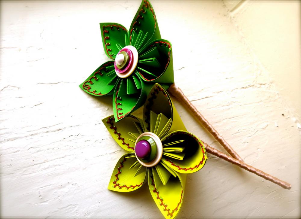 Two Paper Flower Wedding Bouquet, Green, Fuchsia, Large Stitched Kusudama