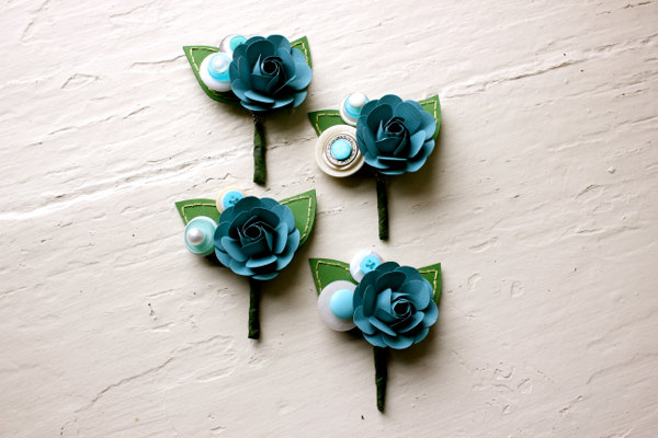 Paper Rose Boutonniere, Grooms Boutonniere, Teal and White