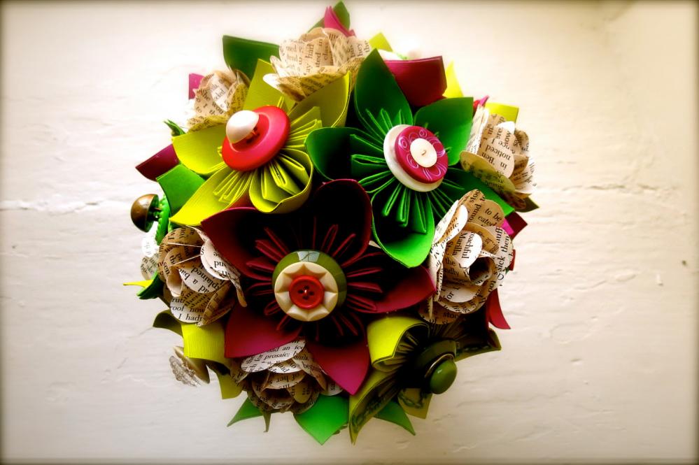 Paper Flower Wedding Bouquet, Green, Fuchsia, Kusudama, Rose