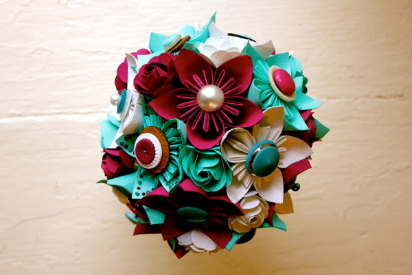 Paper Flower Bouquet, Wedding, Green, Fuchsia, White, Kusudama, Rose