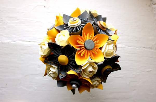 Paper Flower Bouquet, Wedding, Yellow, Grey, White, Kusudama, Rose 