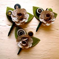 Three Green and Book Page Rose Paper Flower and Button Boutonniere for Wedding or Event by The Little Red Button