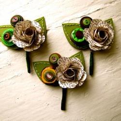 Three Boutonnieres Book Page Rose Paper Flower and Button Boutonniere for Wedding or Event