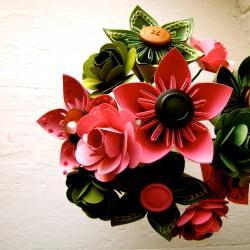 Pink and Green Kusudama and Rose Folded Paper Flower Bouquet for Wedding or Events 