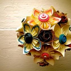 Paper Flower Wedding Bouquet, White, Blue, Pink, Atlas Paper, Kusudama, Rose