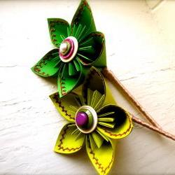 Two Paper Flower Wedding Bouquet, Green, Fuchsia, Large Stitched Kusudama
