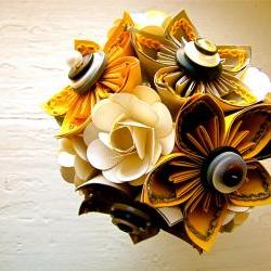 Yellow, Grey and White Kusudama and Rose Folded Paper Flower Bouquet for Wedding or Events