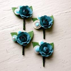 Paper Rose Boutonniere, Grooms Boutonniere, Teal and White