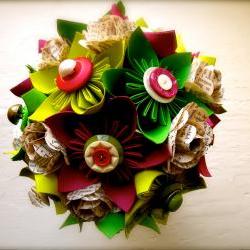Paper Flower Wedding Bouquet, Green, Fuchsia, Kusudama, Rose