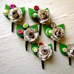 Six Green, Fuchsia and Book Page Rose Paper Flower and Button Boutonniere for Wedding or Event