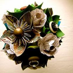 Paper Flower Wedding Bouquet, Green, Teal, Book Pages, Kusudama, Rose