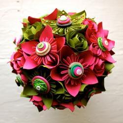 Paper Flower Wedding Bouquet, Green, Pink, Kusudama, Rose