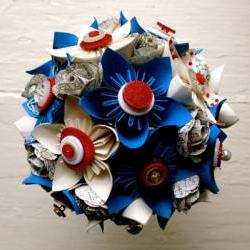 Paper Flower Bouquet, Wedding, Blue, White, Red, Map, Kusudama, Rose  
