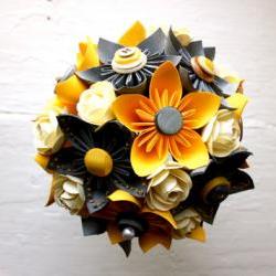 Paper Flower Bouquet, Wedding, Yellow, Grey, White, Kusudama, Rose  