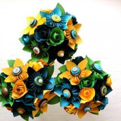 Paper Flower Bouquet, 3 Bridesmaid Bouquets, Wedding, Blue, Green, Yellow, Kusudama, Rose