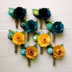 Paper Flower Boutonniere, Wedding, Blue, Green, Yellow, Rose