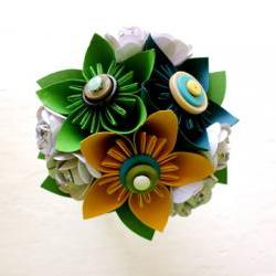 Paper Flower Bouquet, Toss Bouquet, Wedding, Blue, Green, Yellow, Kusudama, Rose